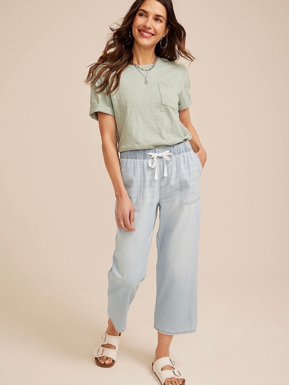 Light Wash Cropped Drawstring Jeans - Pale Blue